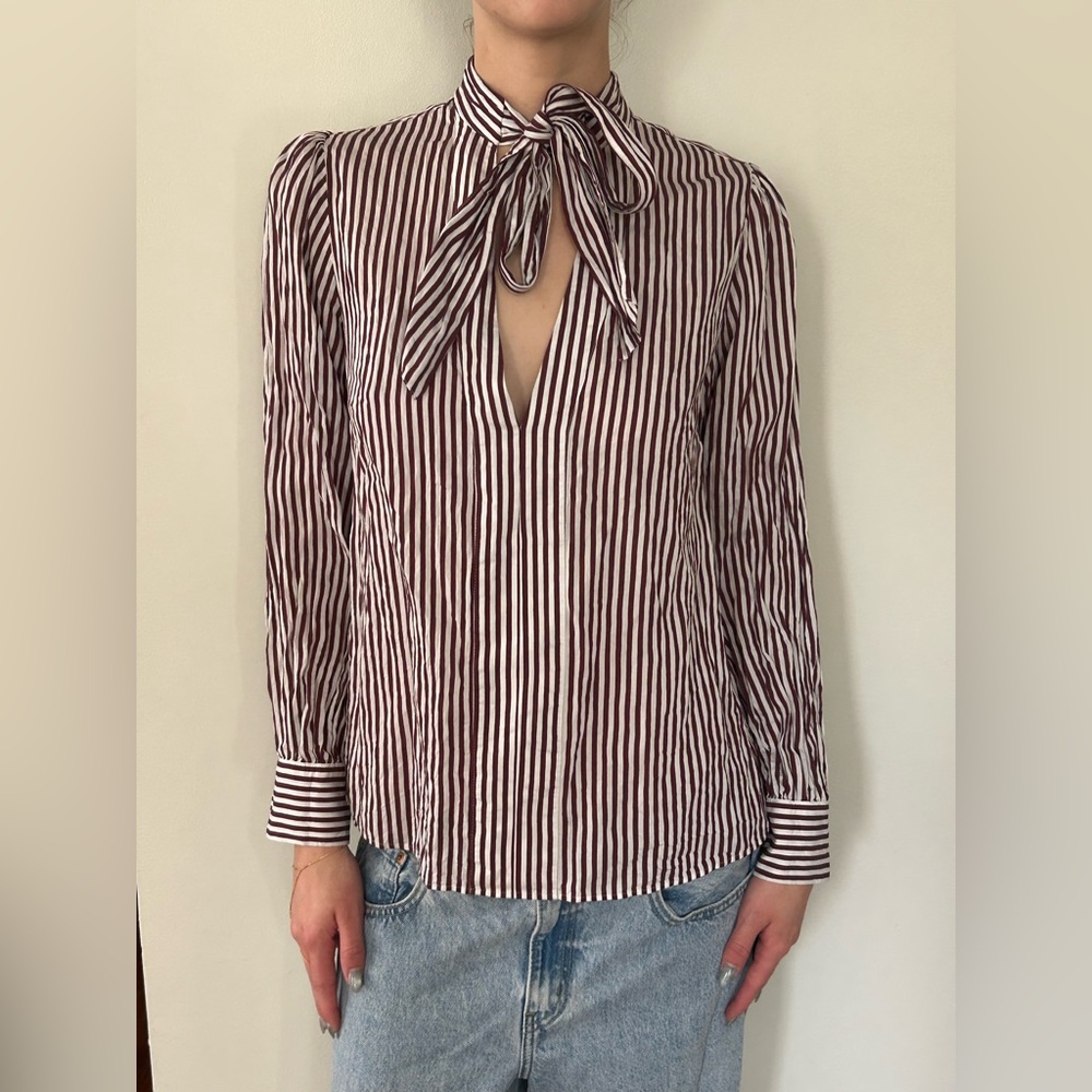 Maeve Burgundy and White Striped Blouse with Bow-Tie